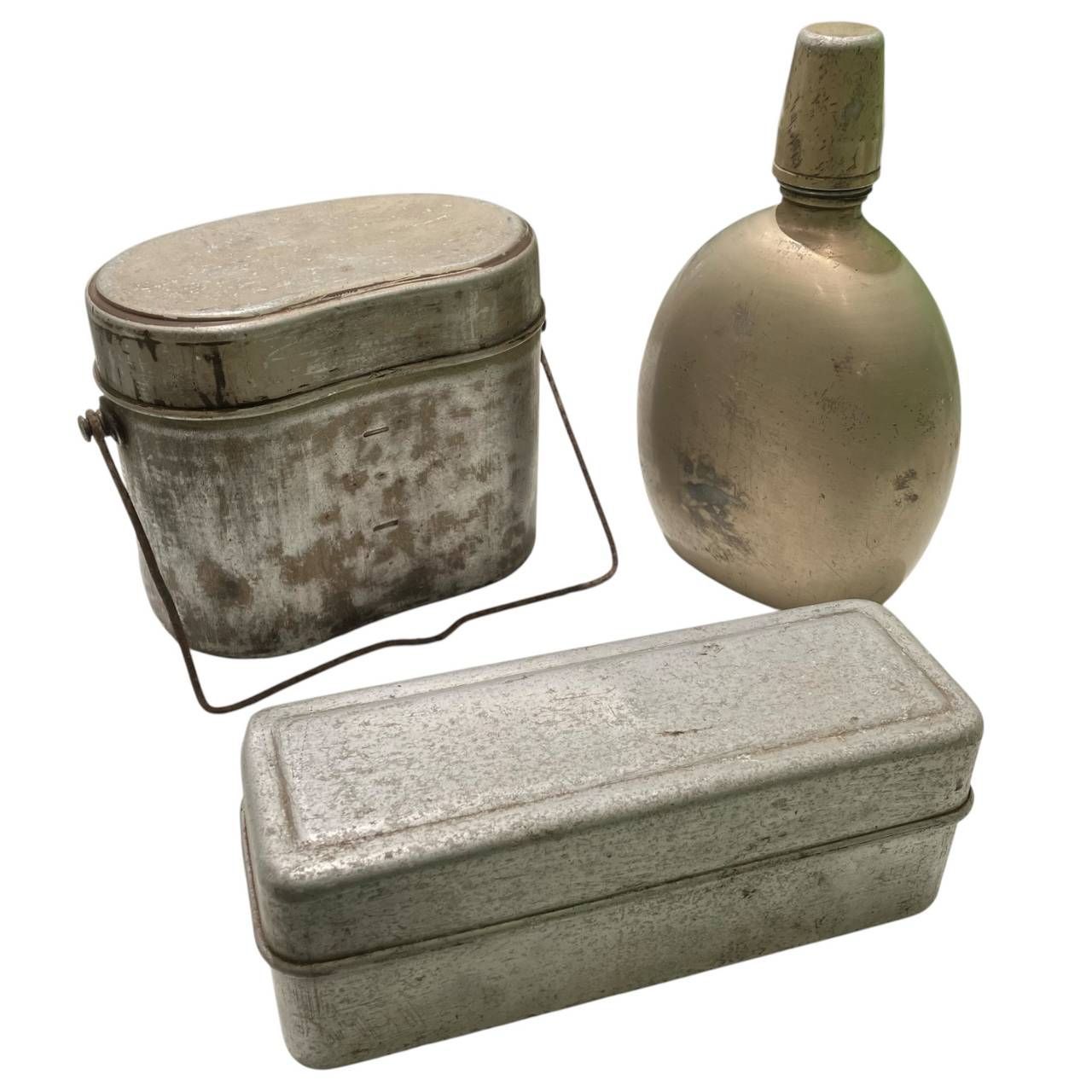 長】軍用 三点セット 飯盒 水筒 弁当箱 キズやサビ多数 ニギリ矢 歴史