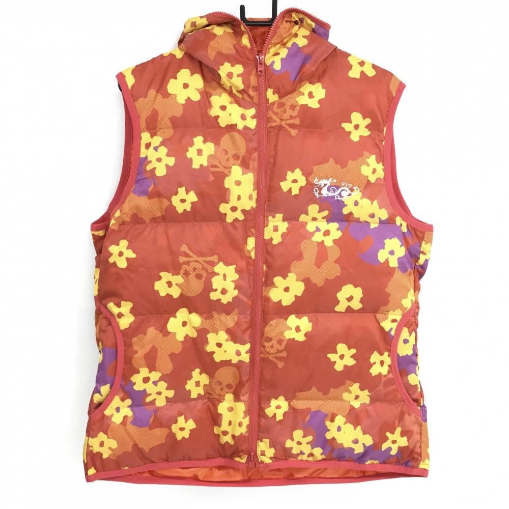 【超美品】ダンスウィズドラゴン リバーシブルダウンベスト レッド×イエロー 花柄調 スカル  メンズ 3(L) ゴルフウェア Dance With Dragon