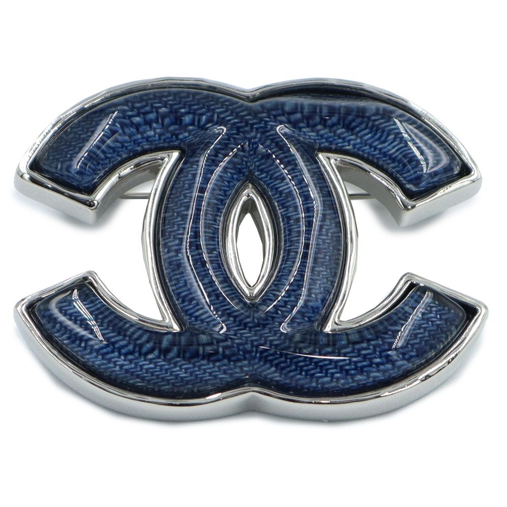 美品 CHANEL シャネル ココマーク デニム ブローチ アクセサリー シャネル デニム ココマーク CCロゴ メタル ブルー シルバー ブローチ