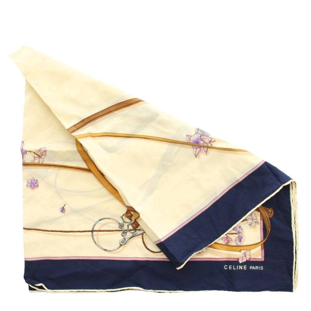 セリーヌ CELINE スカーフ 大判 絹 シルク 総柄 ロゴ ベージュ 紺