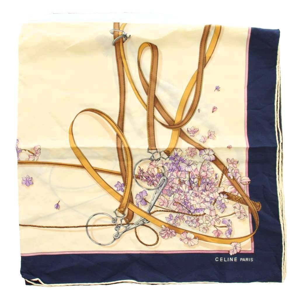セリーヌ CELINE スカーフ 大判 絹 シルク 総柄 ロゴ ベージュ 紺