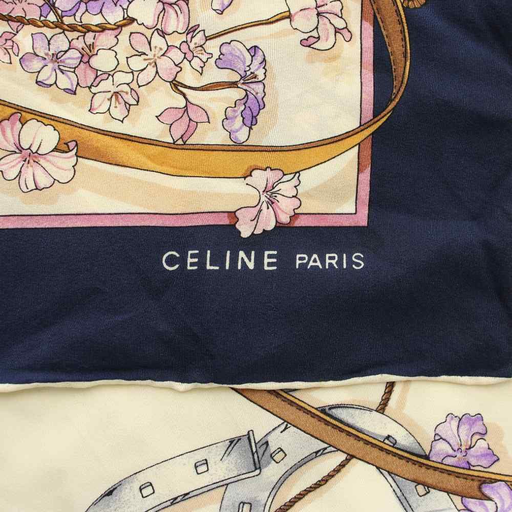 セリーヌ CELINE スカーフ 大判 絹 シルク 総柄 ロゴ ベージュ 紺