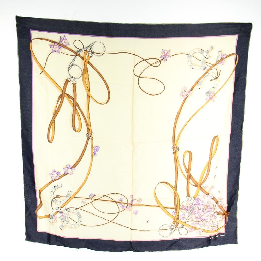 セリーヌ CELINE スカーフ 大判 絹 シルク 総柄 ロゴ ベージュ 紺
