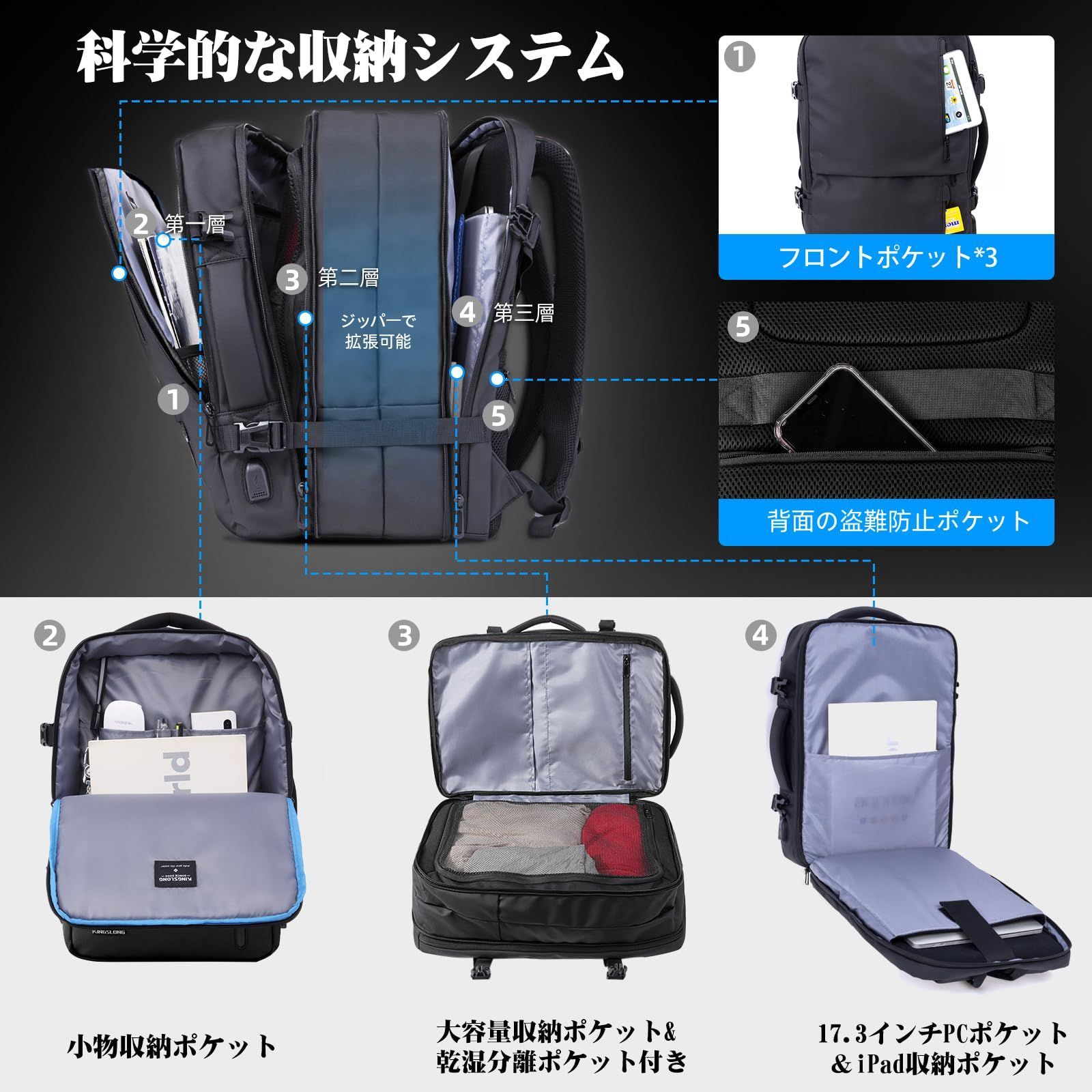 KINGSLONG] ビジネスリュック リュックサック 拡張機能25-55L 真空圧縮 