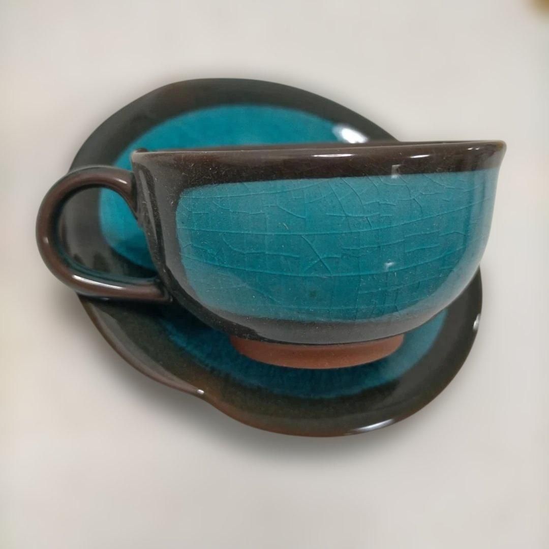 赤津焼 コーヒーカップ ソーサー 5客 セット ターコイズブルー 貫入釉