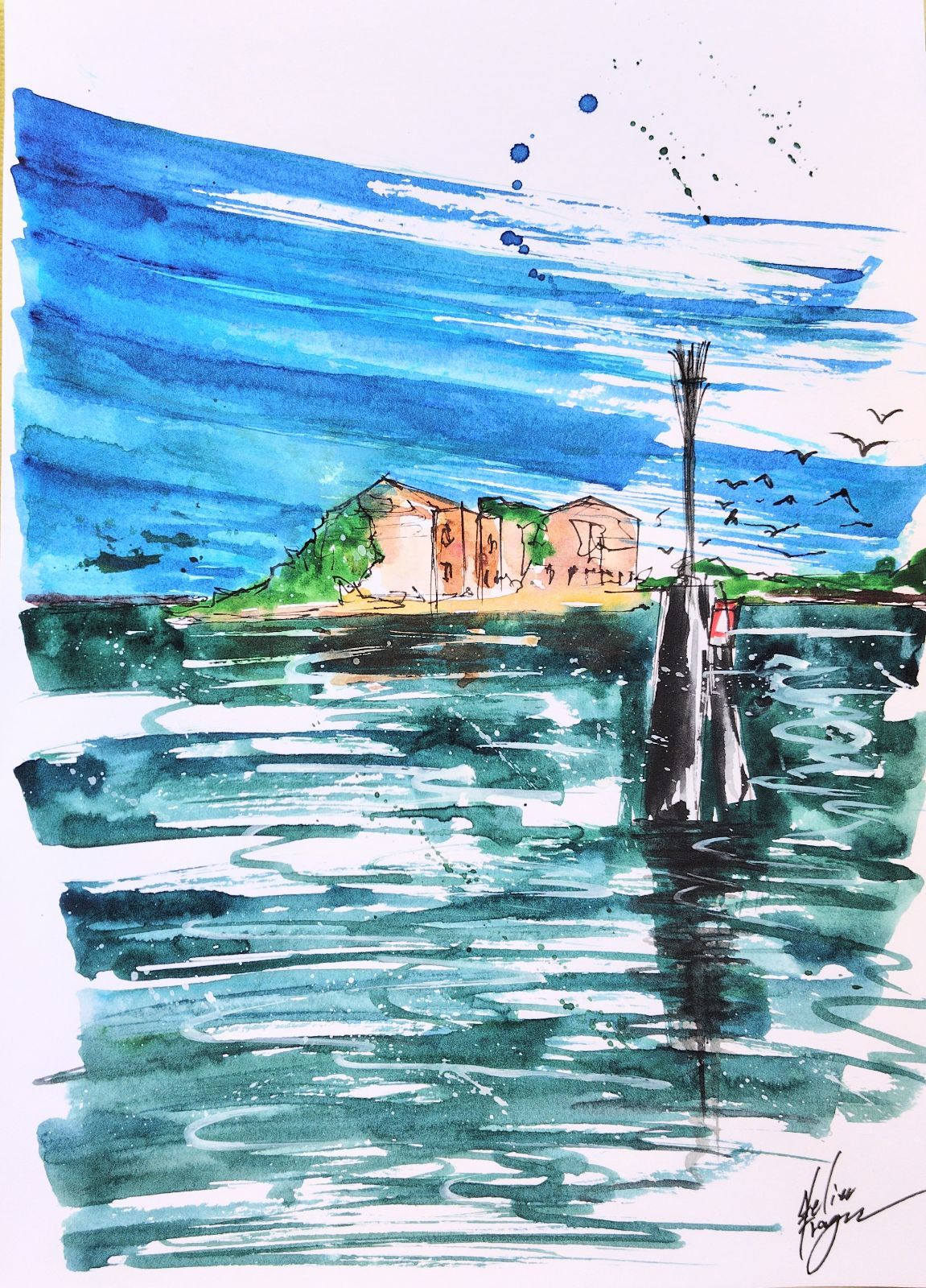 原画#358 ベネチア イタリア 水彩画 ドローイング アート 風景画