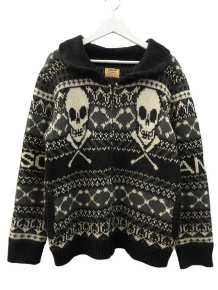 バンソン VANSON カウチン ニット カーディガン ジップ スカル ドクロ