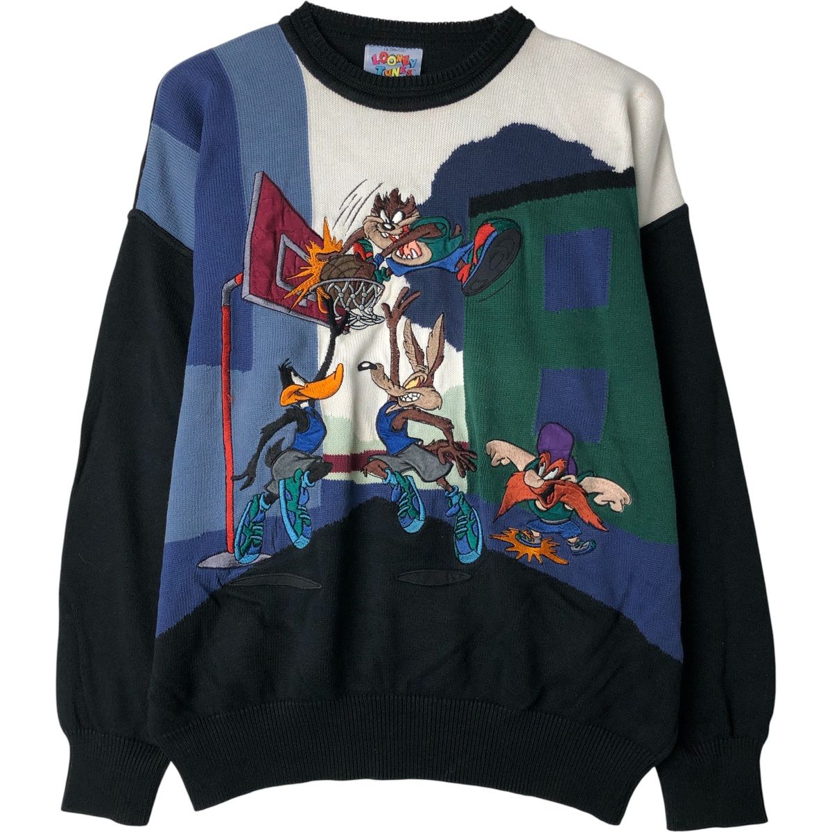古着 LOONEY TUNES ルーニーテューンズ 総柄 キャラクター コットンニットセーター イタリア製 メンズM相当/eaa399790