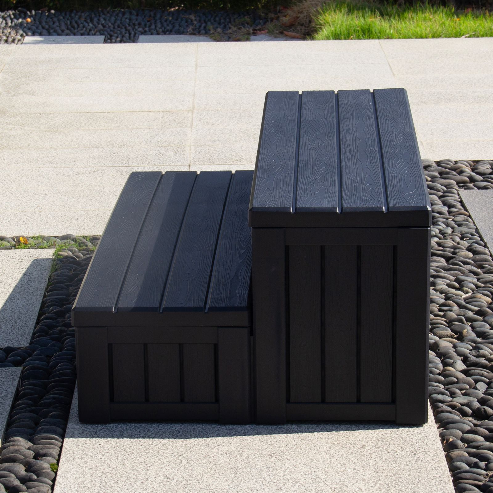 屋外収納ボックス 踏み台タイプ 組み立て簡単 樹脂製 木目調 W93*D57