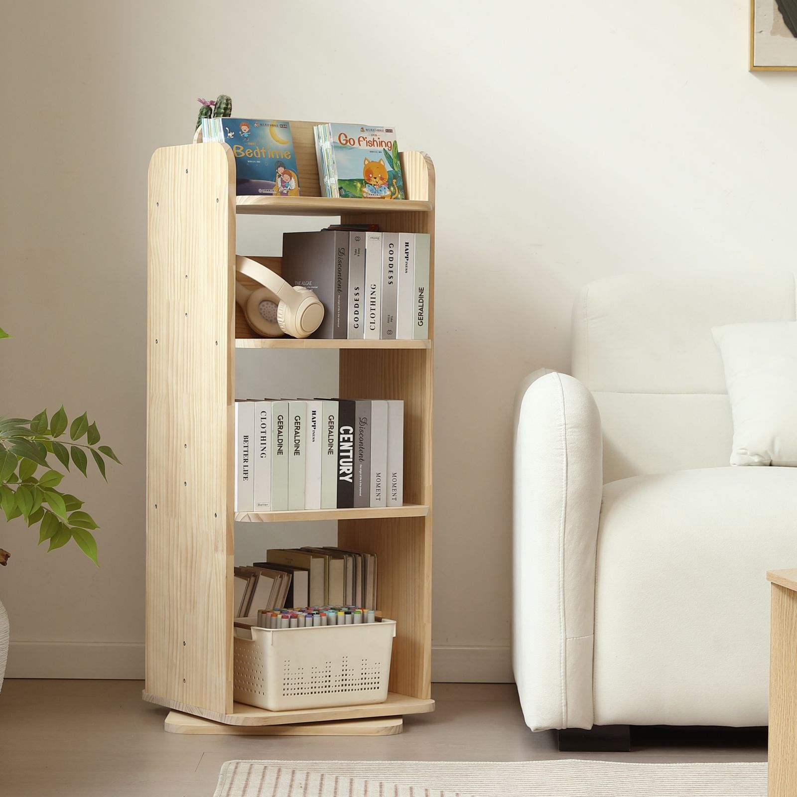 数量限定セール」回転式 本棚 4段 天然木 パイン材 絵本棚 図鑑