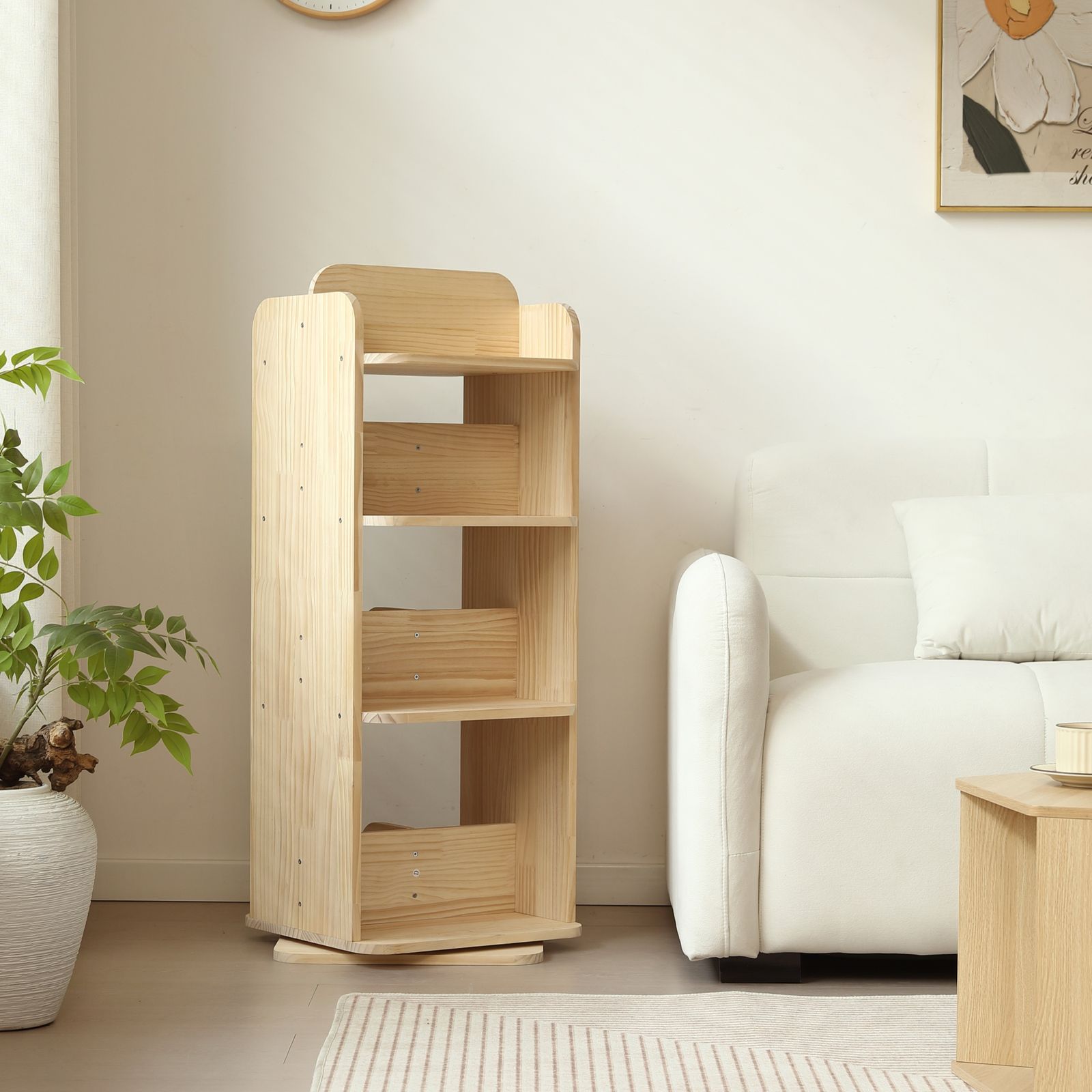 数量限定セール」回転式 本棚 4段 天然木 パイン材 絵本棚 図鑑