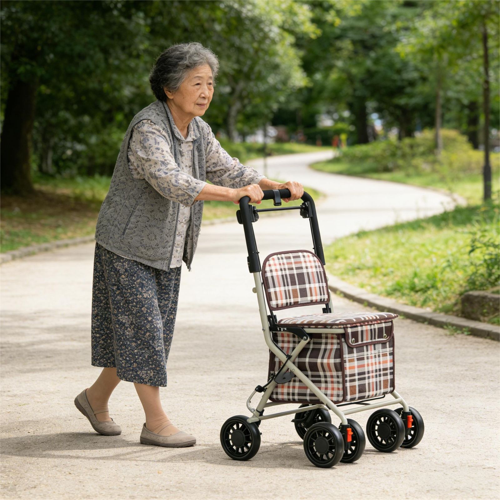 2026 歩行器 歩行車 シルバーカー シニアカー 折りたたみ 歩行補助 室外用 高齢者 介護 キャスター 高さ調整 座面付き 大容量 ハンドル ブレーキ 四輪 ショッピングカー 買い物 散歩 おしゃれ ブラウンチェック柄 老人車 手押し車