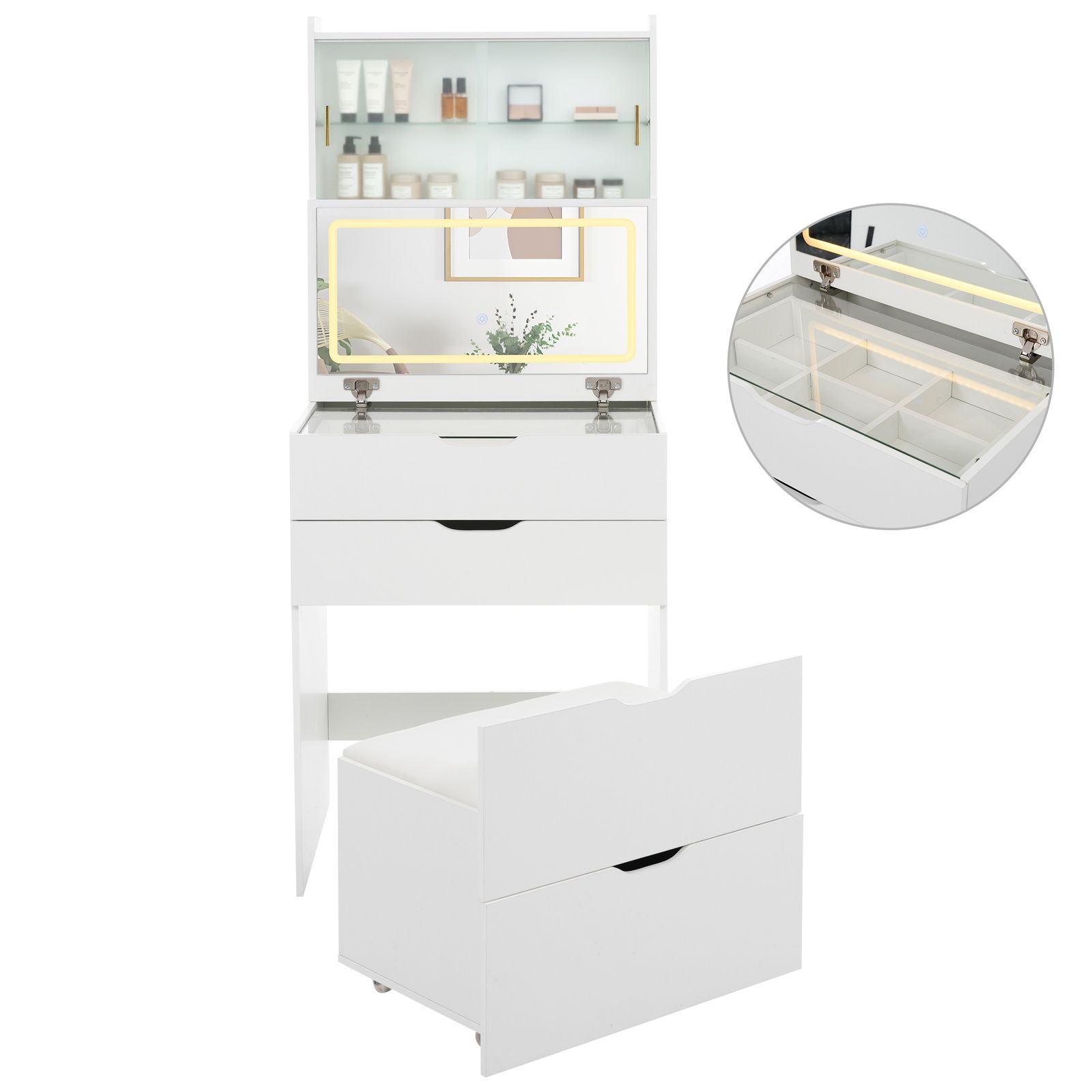 ドレッサー 2WAY天板 無段階調節LED女優ミラー 3色切替 ガラス扉
