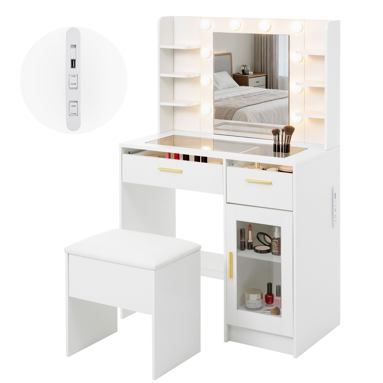 数量限定セール」ドレッサー LEDミラー付き 強化ガラス天板 2段