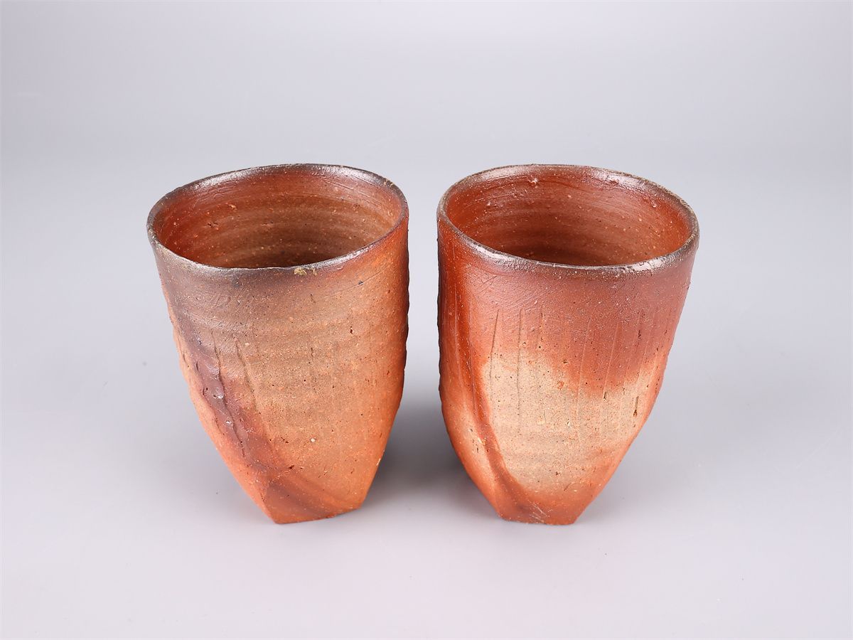 森丁斎】 備前焼 麦酒盃 2点 一対 高約12㎝／共箱付 本物保証 美品