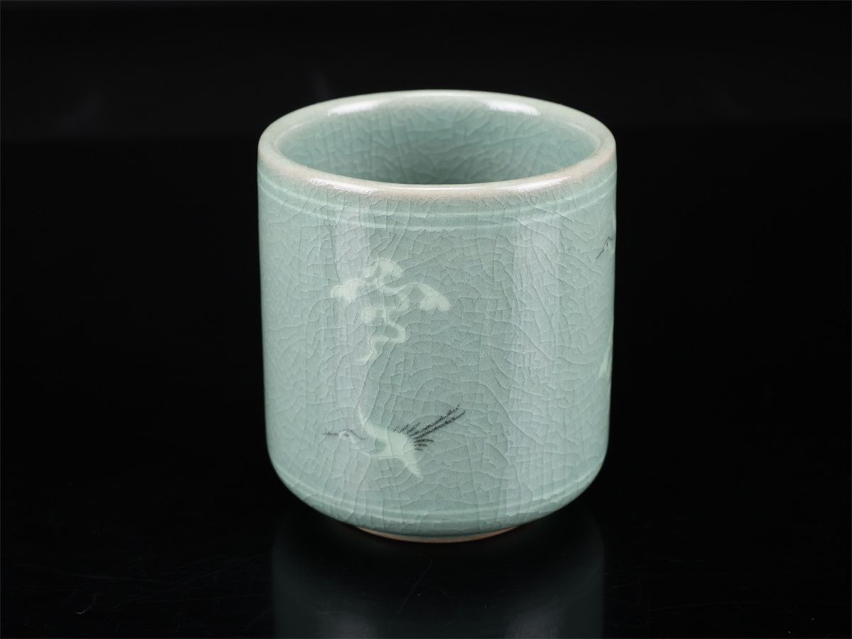 韓国人間国宝 【柳海剛】 青磁 象嵌 湯呑 3組 6点セット／共箱付 未
