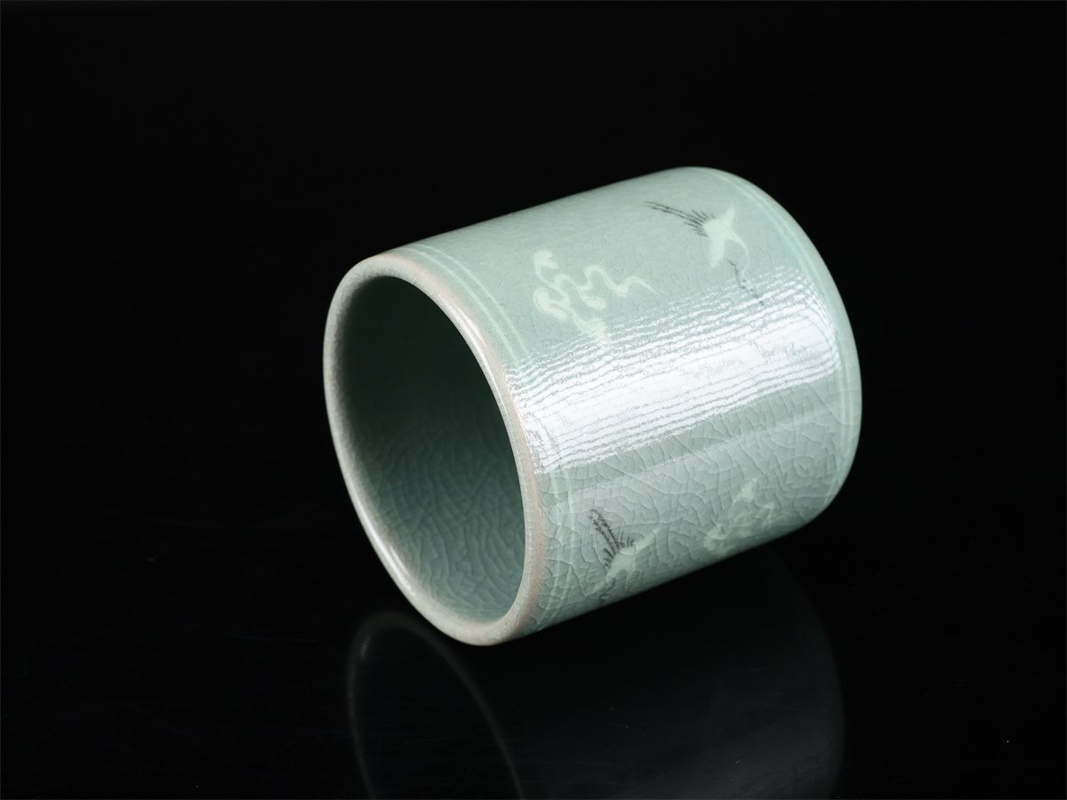 韓国人間国宝 【柳海剛】 青磁 象嵌 湯呑 3組 6点セット／共箱付 未