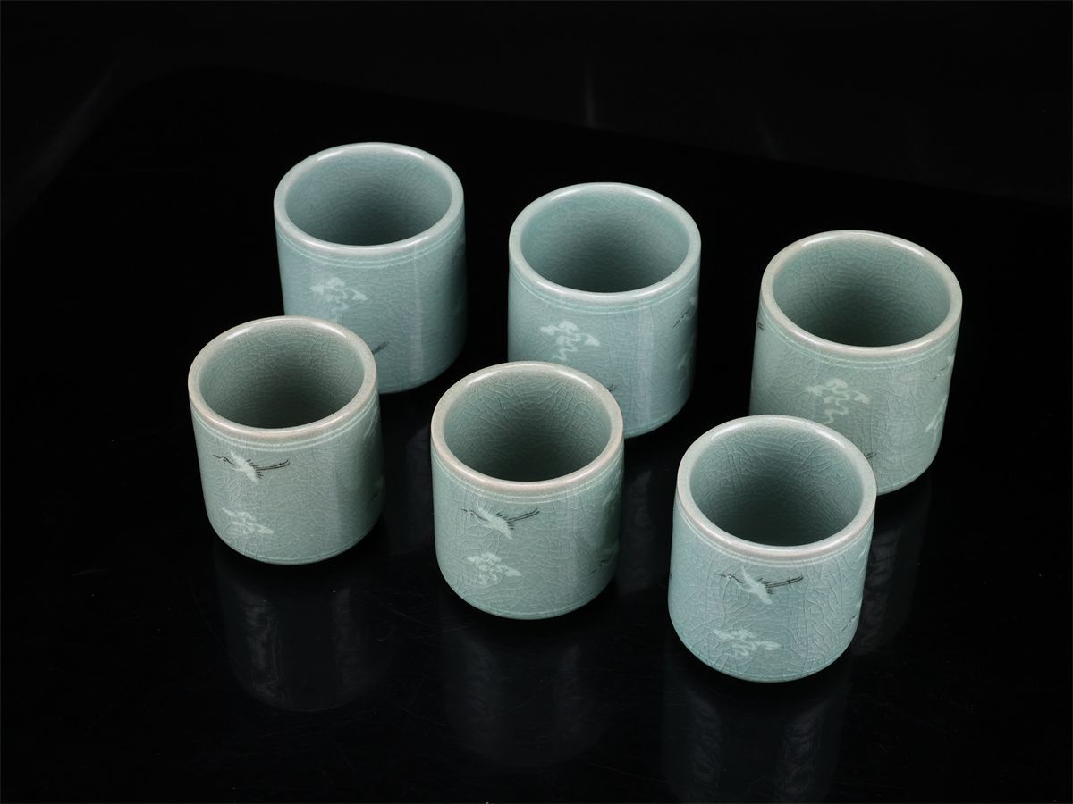 韓国人間国宝 【柳海剛】 青磁 象嵌 湯呑 3組 6点セット／共箱付 未