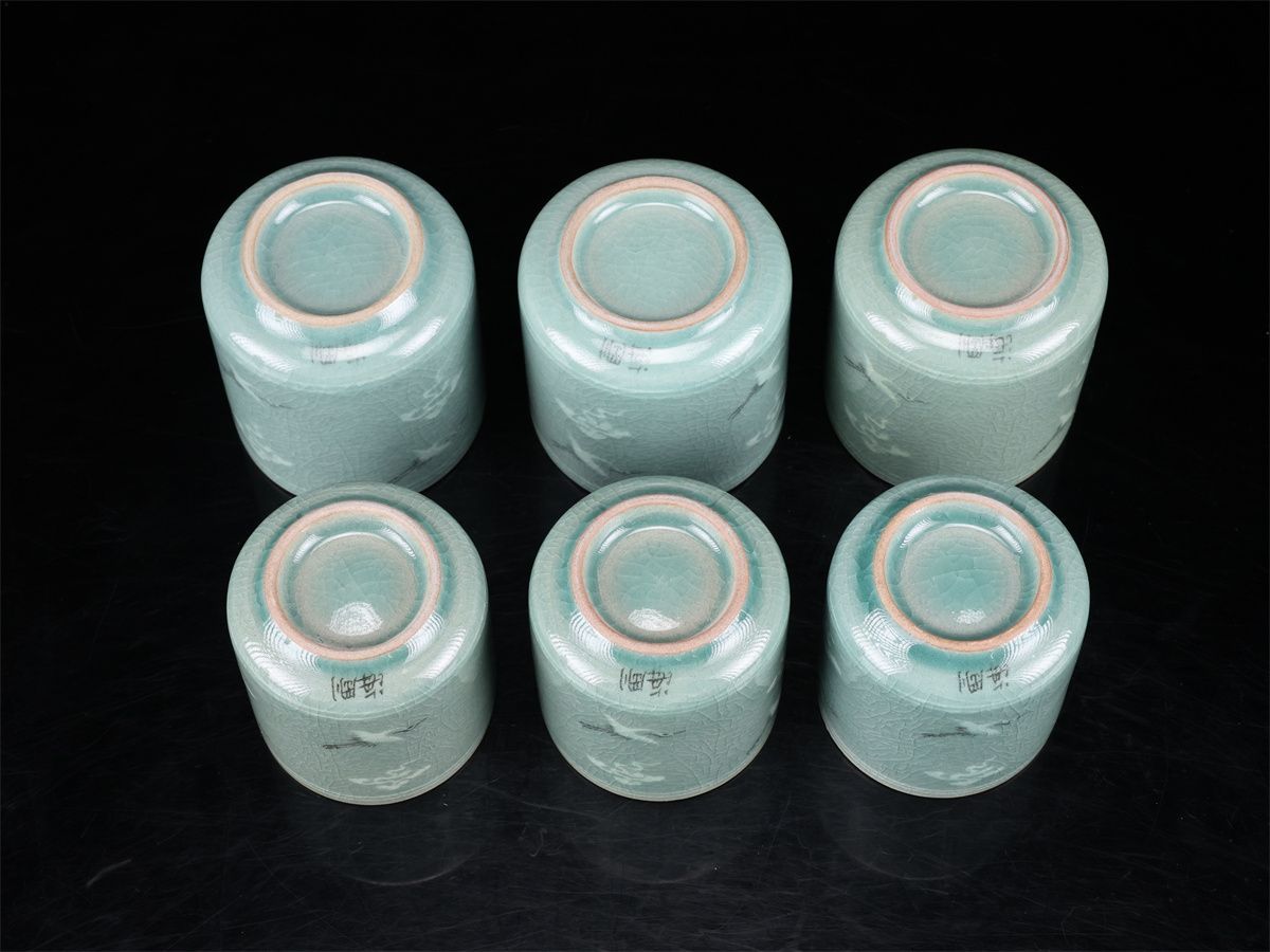 韓国人間国宝 【柳海剛】 青磁 象嵌 湯呑 3組 6点セット／共箱付 未