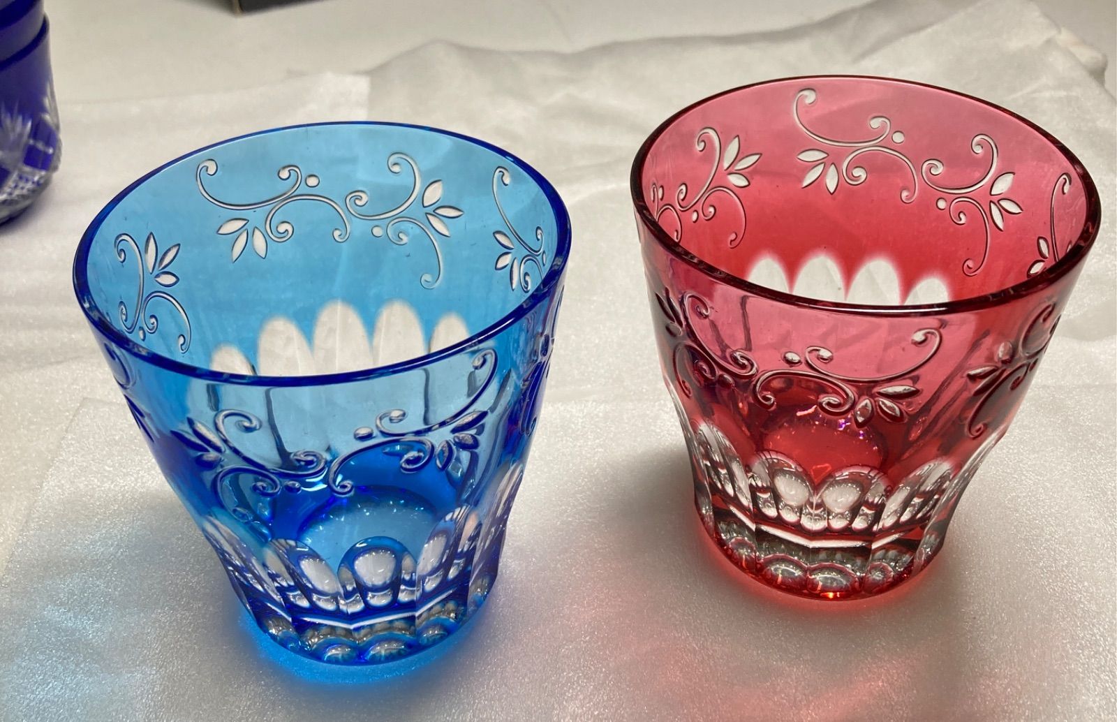 極美品】切子グラス ペアセット 伝統工芸 蔦模様 唐草文様 ブルー