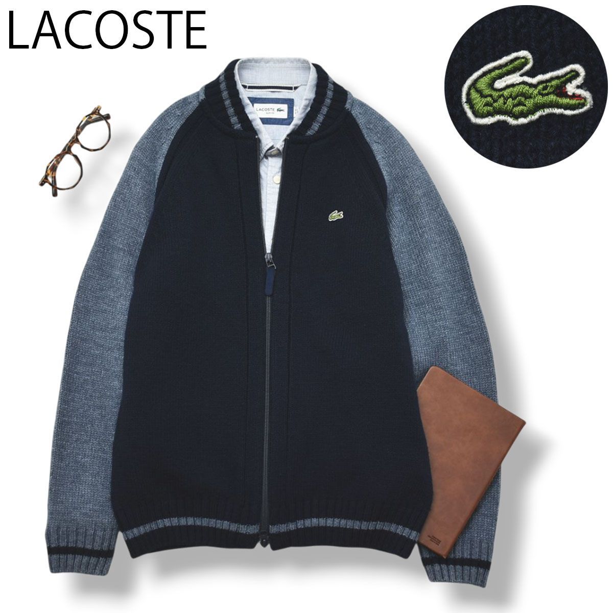 ワニロゴ】 日本製 ラコステ LACOSTE ラグラン ジップアップ ニット 