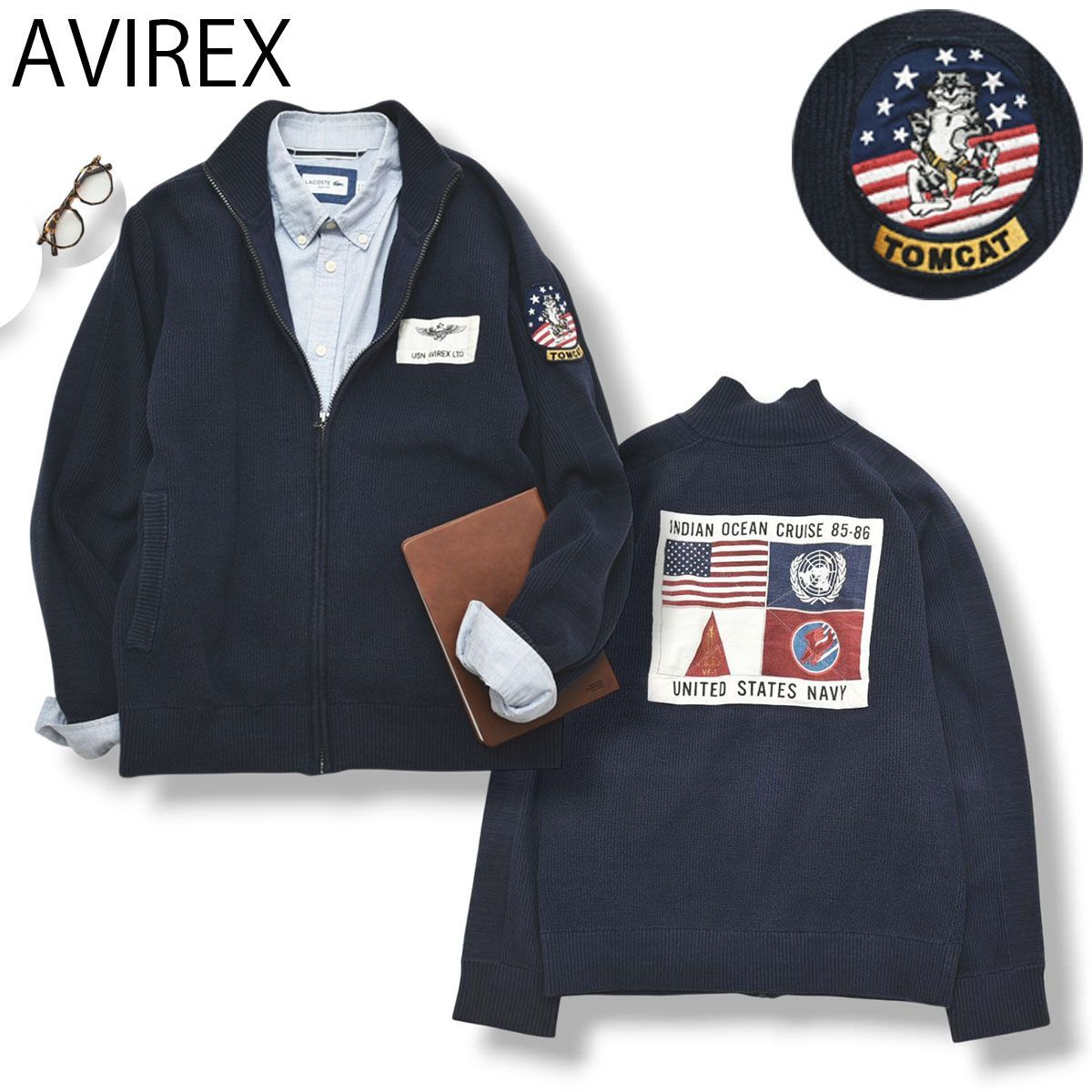 アヴィレックス AVIREX 長袖 コットン ナイロン ジップアップ ニット 