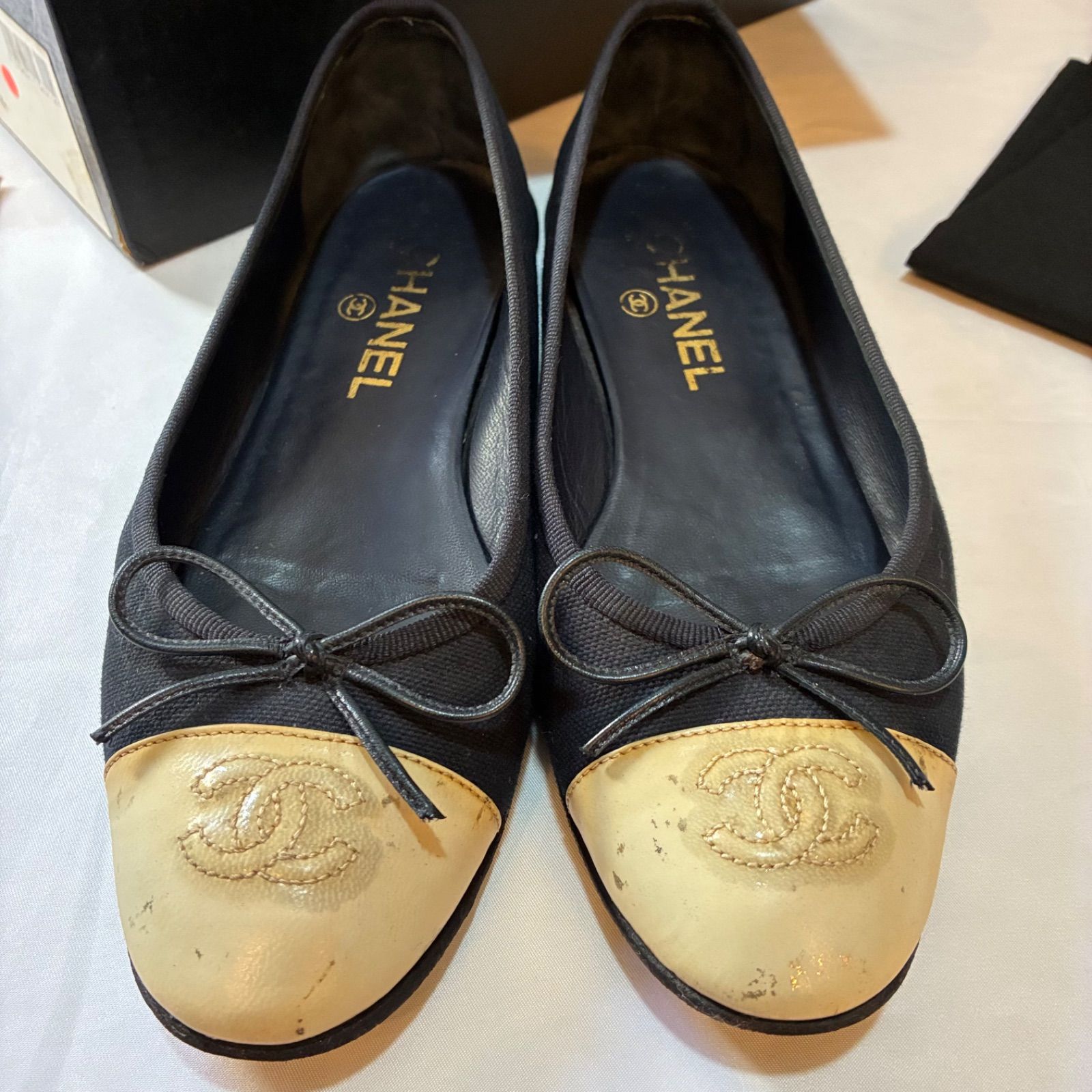 シャネル CHANEL バレリーナ 濃紺×アイボリー 36H（23.5cm相当
