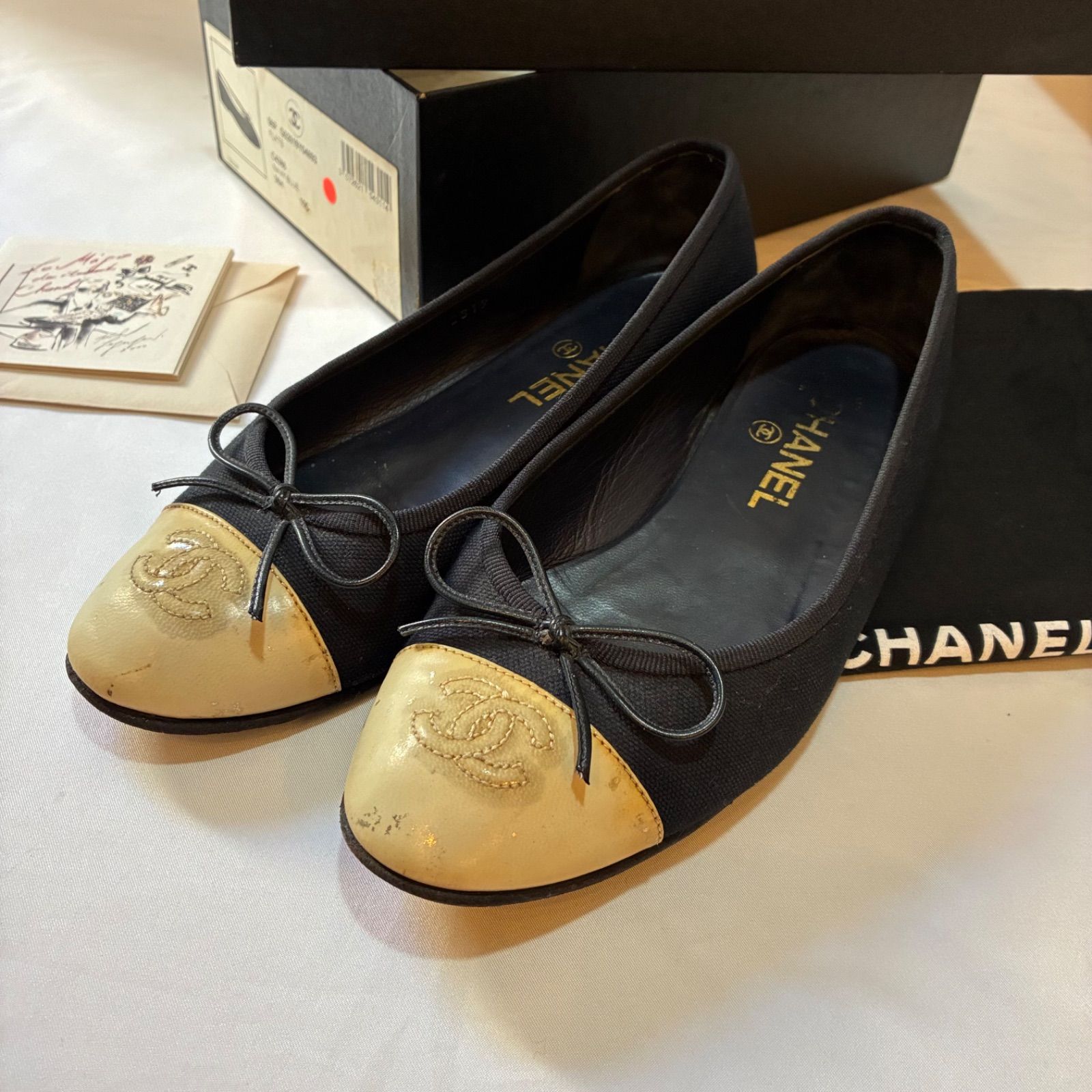シャネル CHANEL バレリーナ 濃紺×アイボリー 36H（23.5cm相当