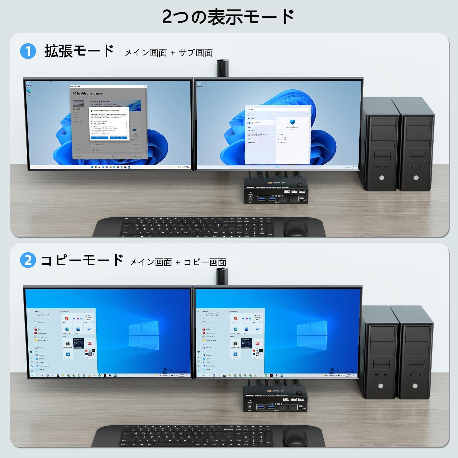KCEVE デュアルモニター USB3.0 DP HDMI KVMスイッチ 8K@60Hz/4K@120Hz