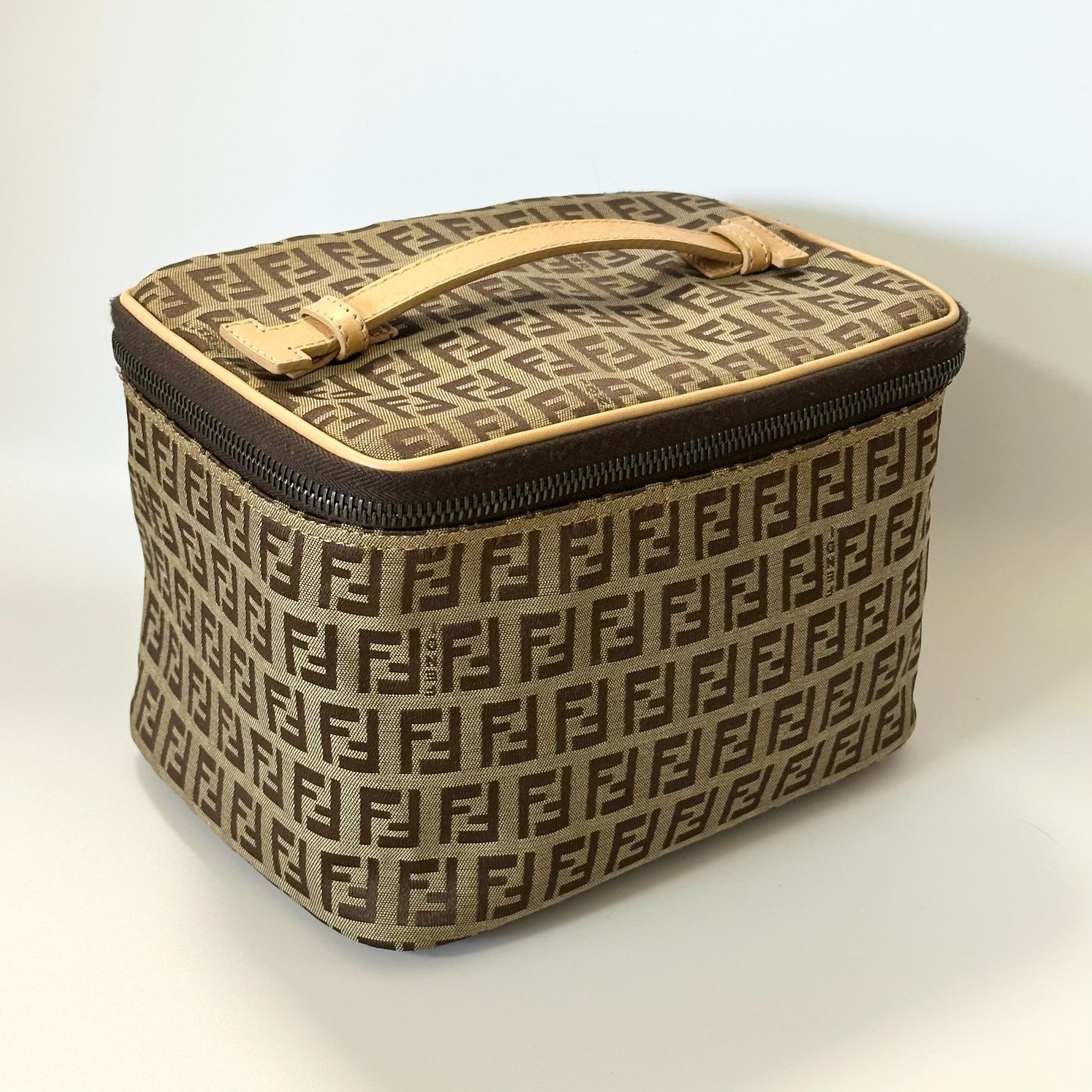 FENDI Handbag Vanity Bag Purse Zuccino Canvas Brown Beige