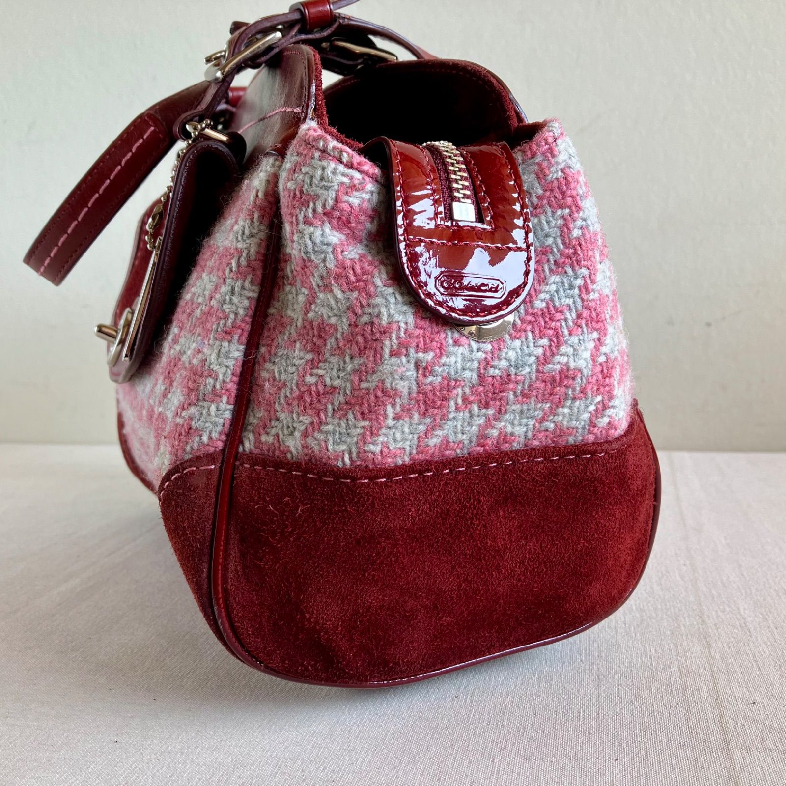 Rare Coach Vintage Hampton Houndstooth Tweed Pink Bordeaux Wool