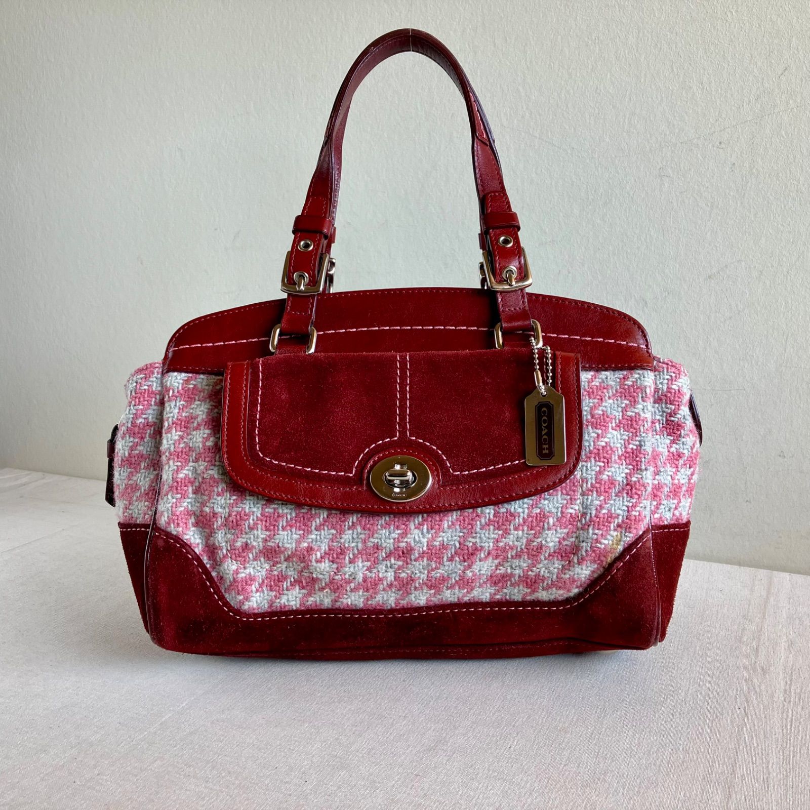Rare Coach Vintage Hampton Houndstooth Tweed Pink Bordeaux Wool 