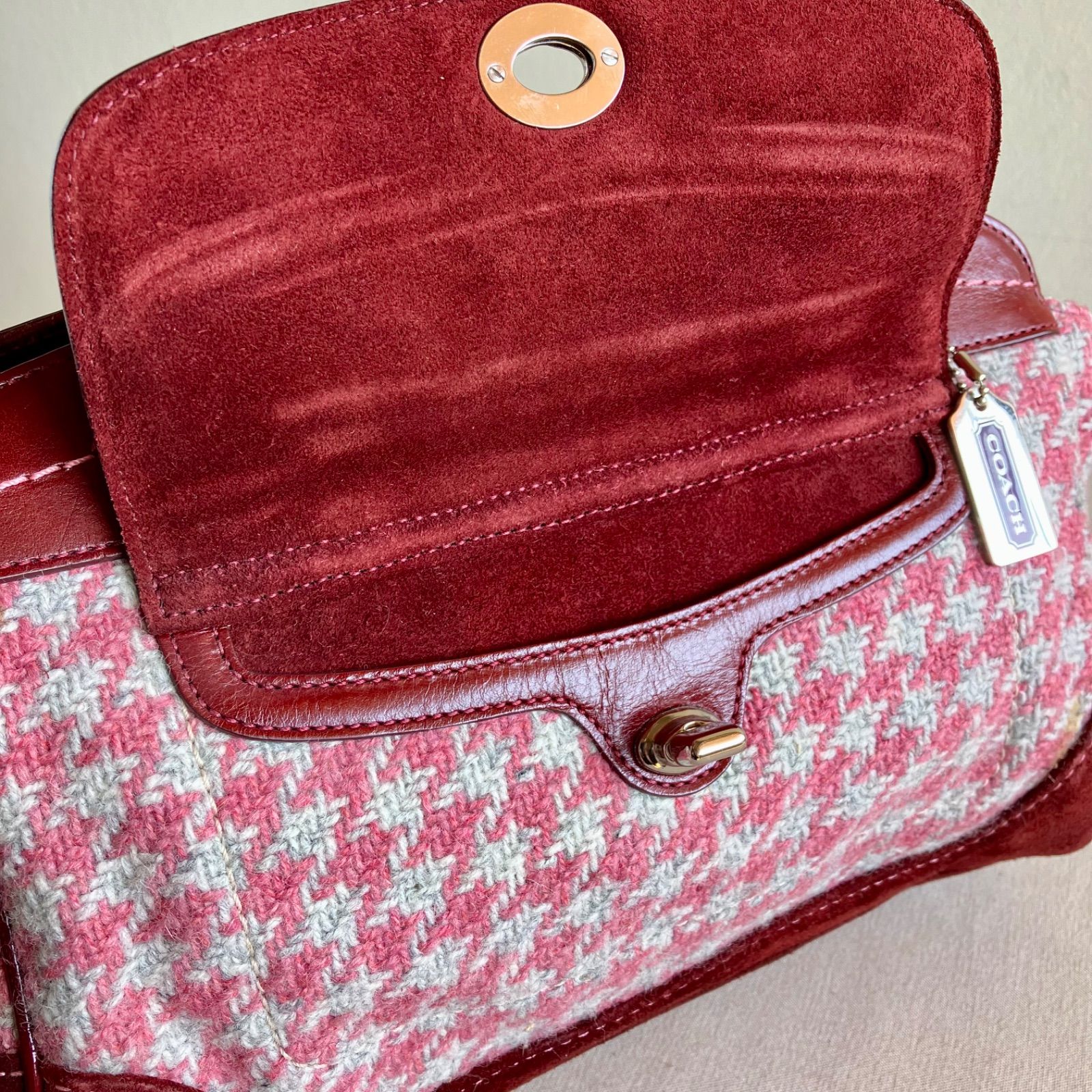 Rare Coach Vintage Hampton Houndstooth Tweed Pink Bordeaux Wool