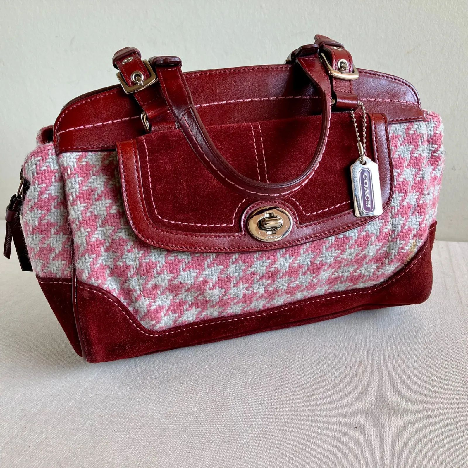 RARE COACH ミニハンドバッグ plaid y2k Rare Coach Vintage Hampton Houndstooth Tweed Pink Bordeaux Wool