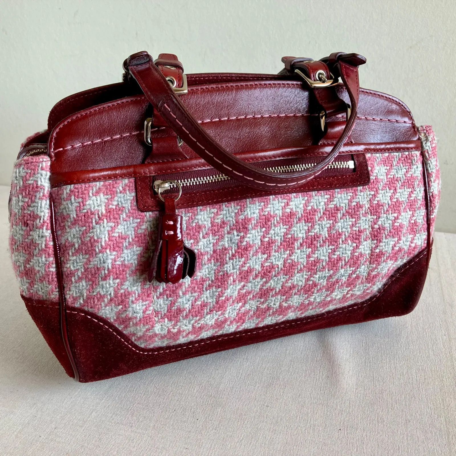 RARE COACH ミニハンドバッグ plaid y2k Rare Coach Vintage Hampton Houndstooth Tweed Pink Bordeaux Wool