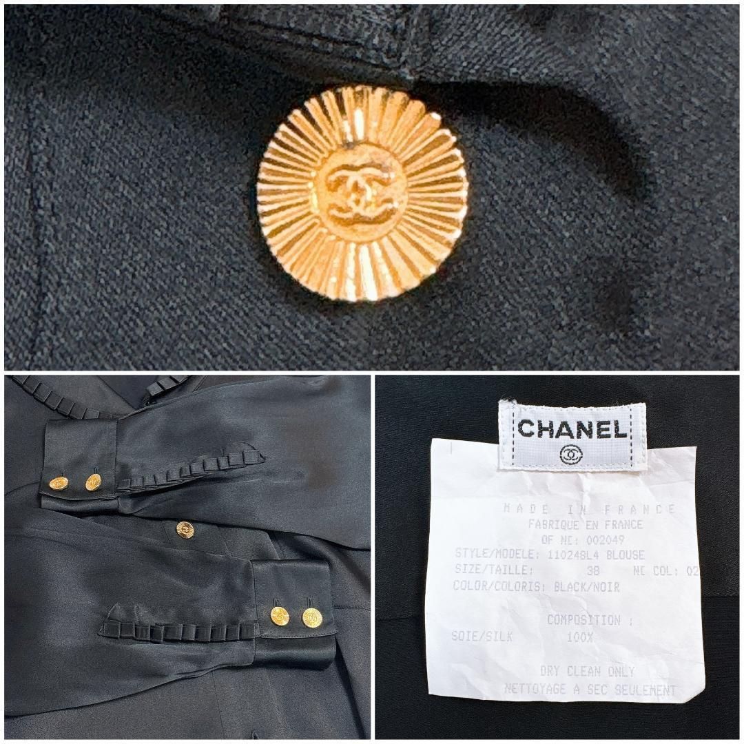 美品】CHANEL シルクブラウス 38 ゴールドココマークボタン ブラック 