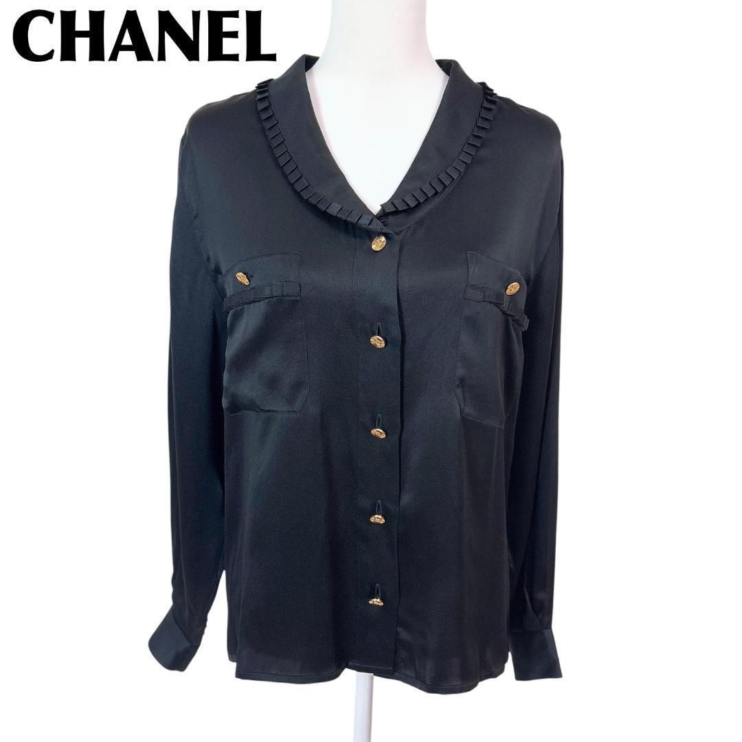 美品】CHANEL シルクブラウス 38 ゴールドココマークボタン ブラック 