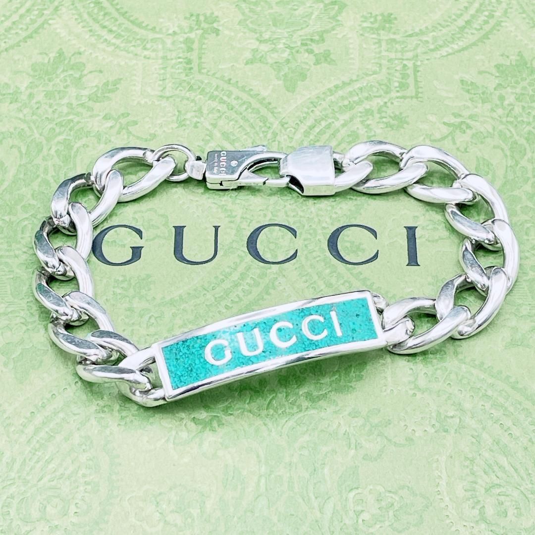 ◇グッチ◇ロゴプレート ゴルメットチェーン ブレスレット ターコイズグリーン ◇グッチ◇仕上済 GUCCI 仕上済 ロゴ ターコイズ チェーン