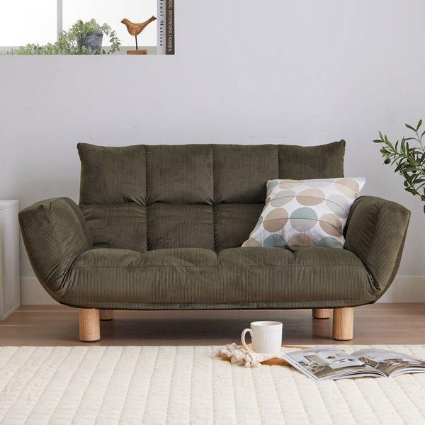 ふかふか カウチソファ コーデュロイカーキ 肘付 コンパクト 脚付