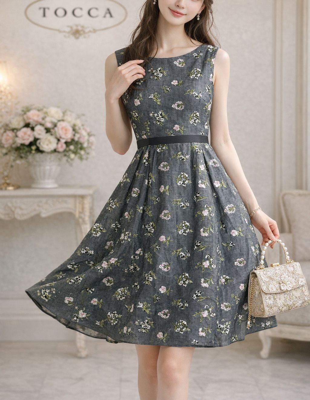 M トッカ 刺繍ワンピース ノースリーブ Aライン 花柄 ロング グレー
