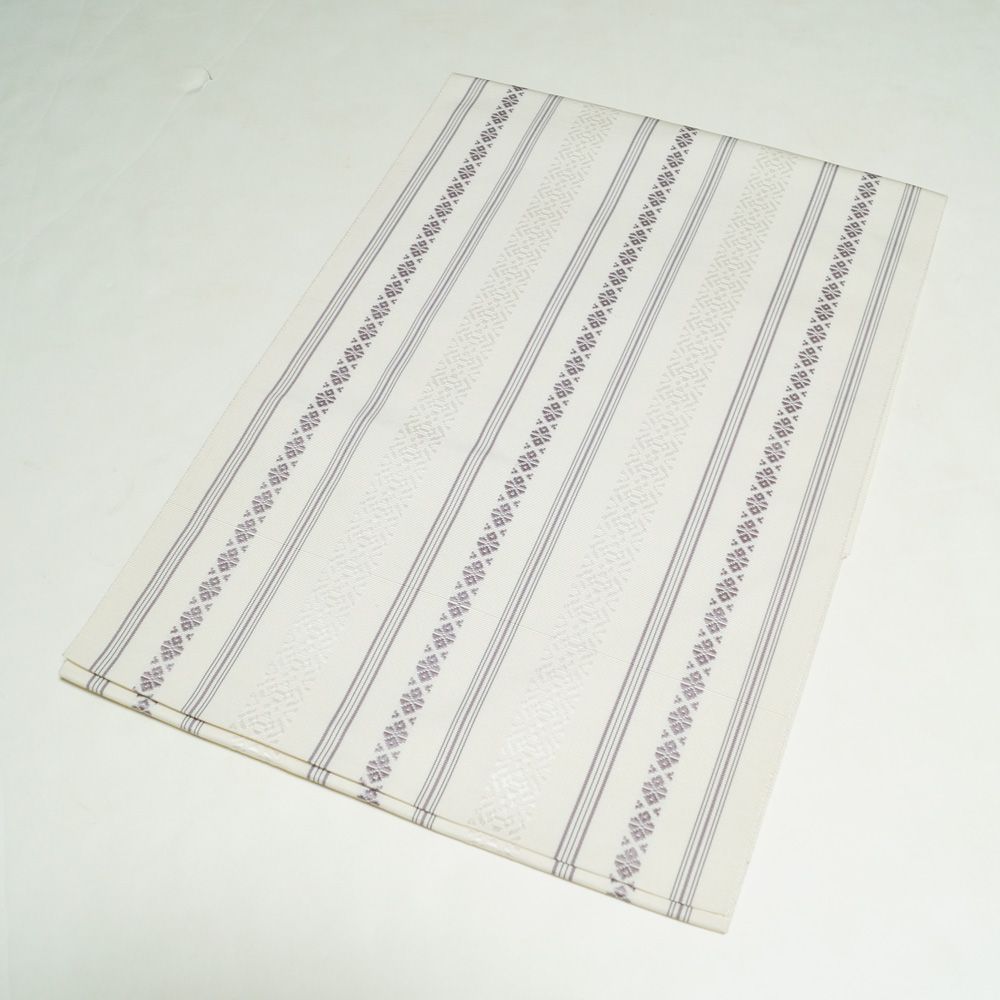 八寸名古屋帯 博多織 未使用品 献上縞模様 薄い生成り色系 正絹 全通柄