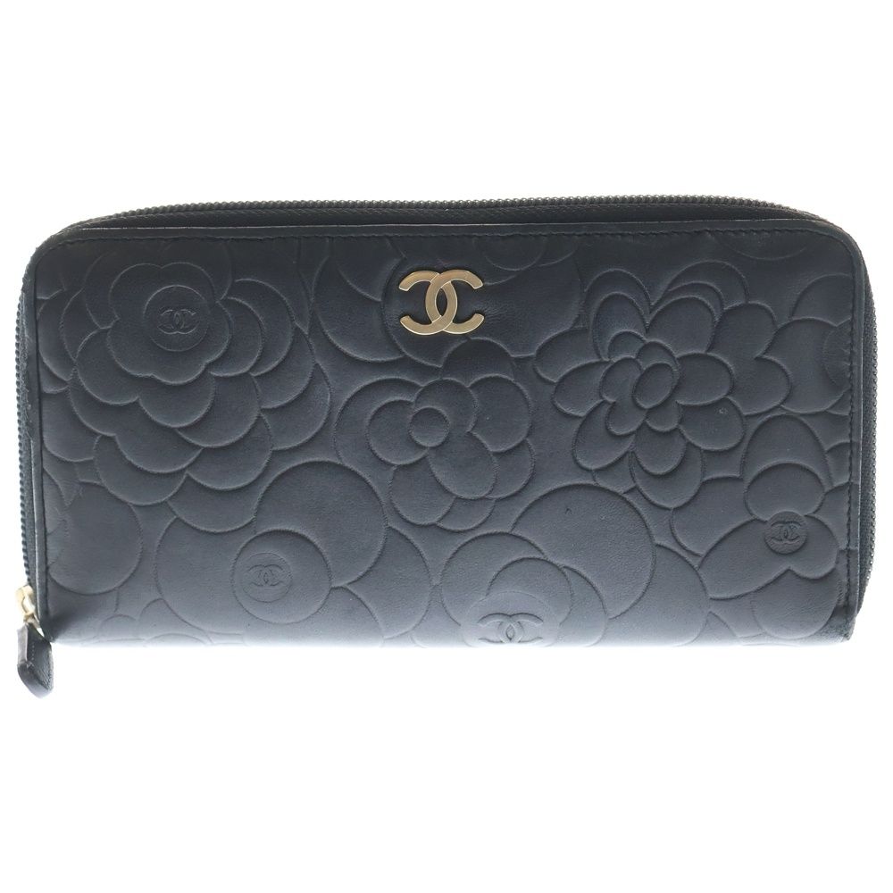 CHANEL シャネル カメリア ココマーク ラムスキン 三つ折り長財布 黒