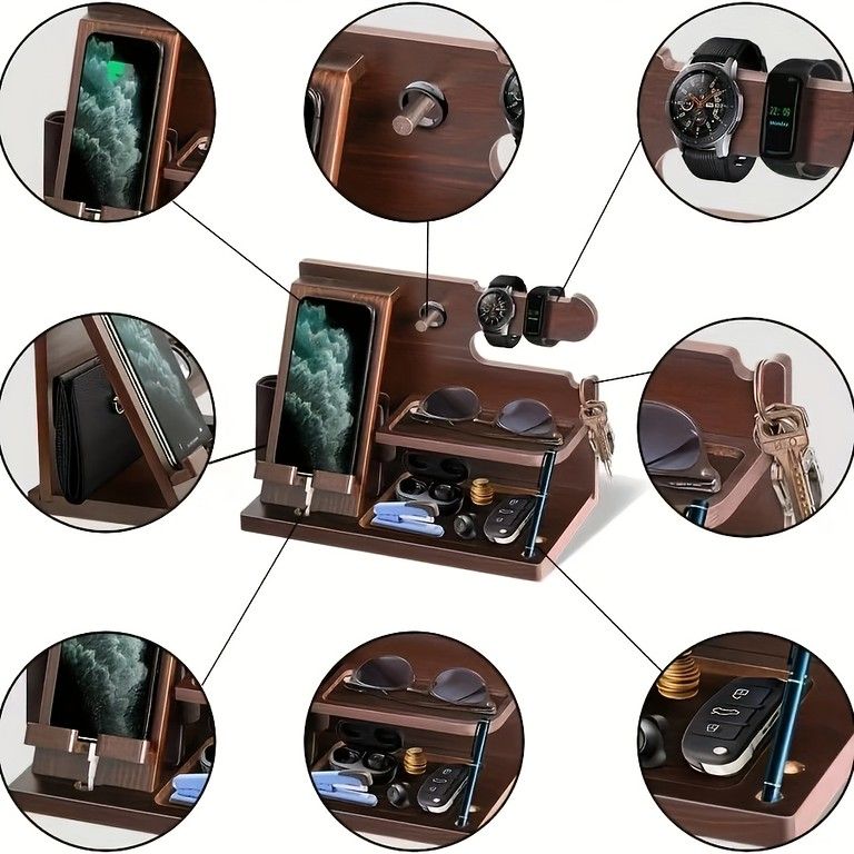 56*木製 スマホスタンド 卓上収納 デスクオーガナイザー 鍵 時計置き 天然木 天然木製】スマホドッキングステーション デスクオーガナイザー【多