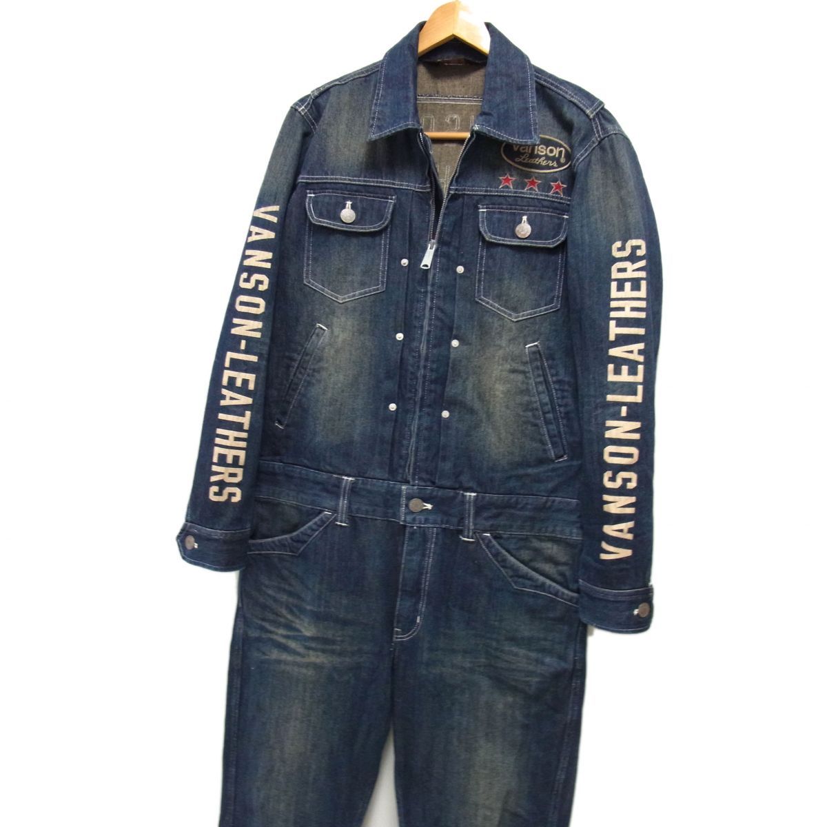 美品☆VANSON バンソン デニム オーバーオール インディゴ USED加工