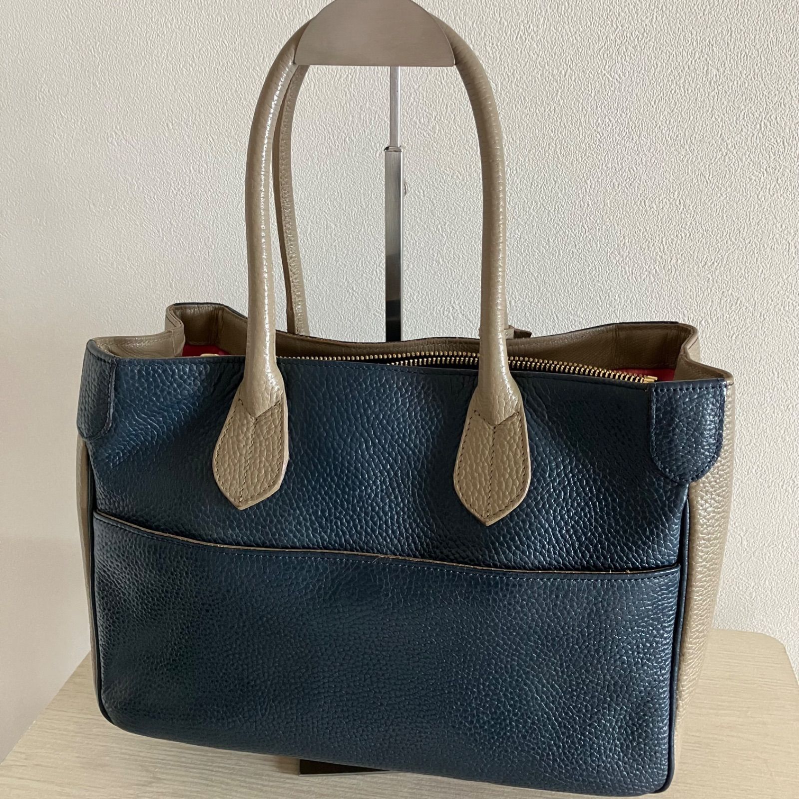 ADMJ ハンドバック バイカラー シボ革 牛革 ネイビー グレージュ