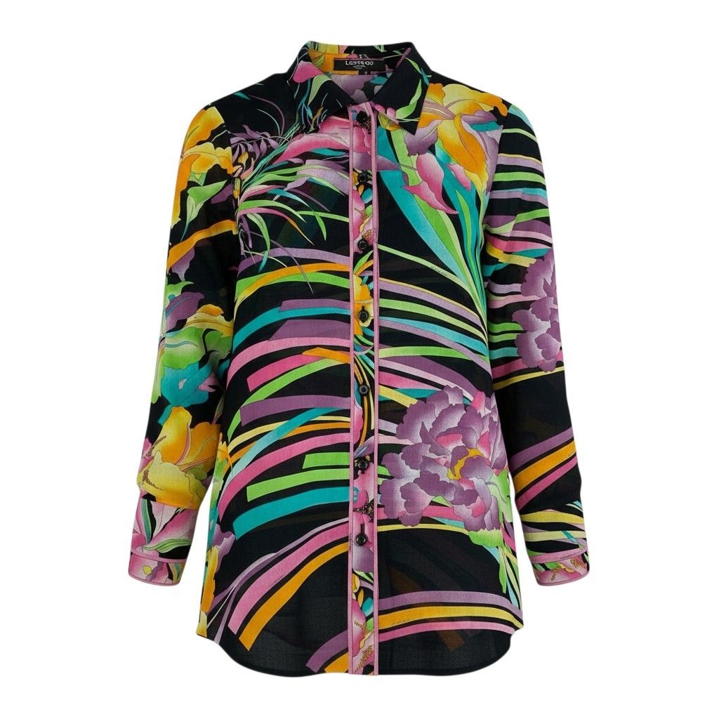 60b22 LEONARD FASHION レオナール シアーシャツ ロングスリーブシャツ 美しい花柄プリント レディース 女性服 13R ブラック マルチカラー コットン100％u02t 60b22 LEONARD FASHION レオナール シアーシャツ ロングスリーブシャツ