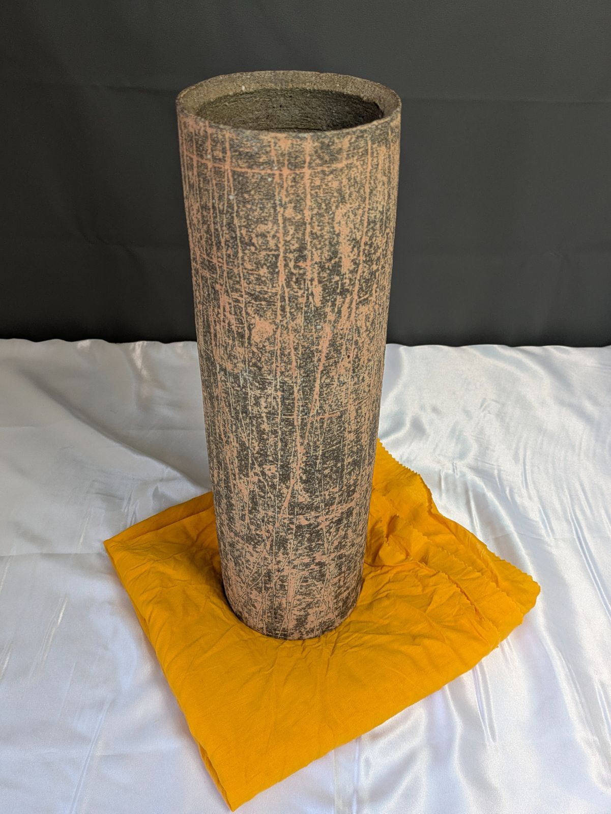 寺本守 茜彩長壺 笠間焼 茜彩象嵌 筒花瓶 高さ約40cm 大型作品 共箱