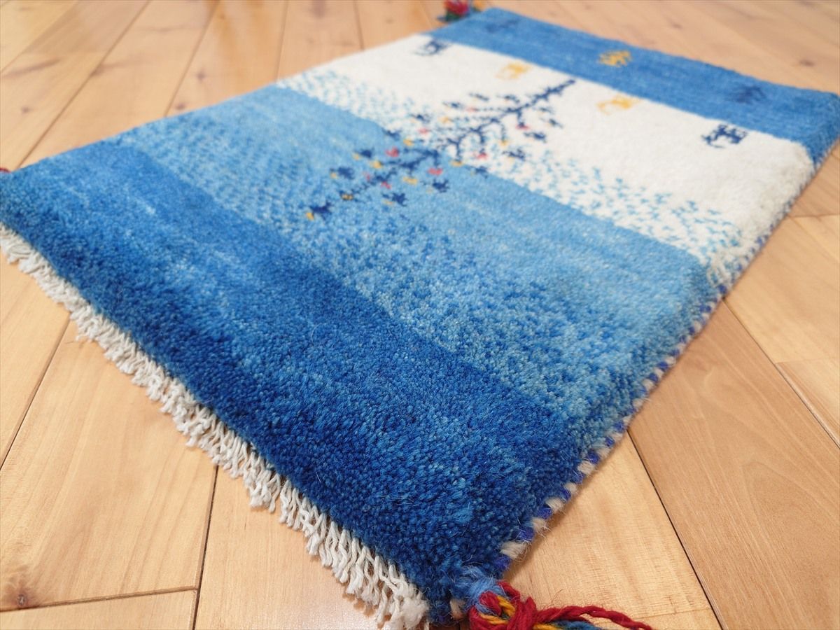 ペルシャ ギャッベ 玄関マット小 ラグ 55x40cm 青色 生命の木 ヤギ 羊