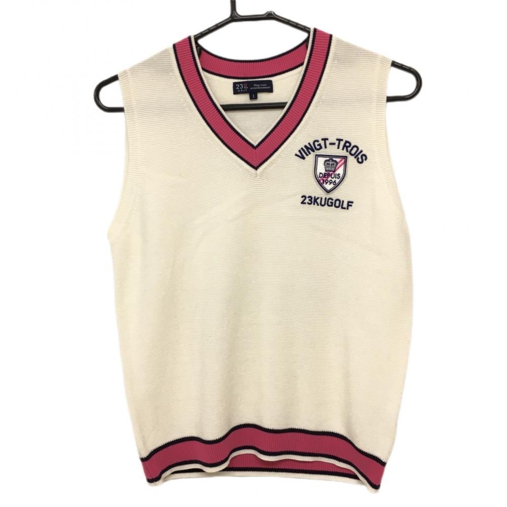 超美品】23区ゴルフ ニットベスト 白×ピンク Vネック コットン混