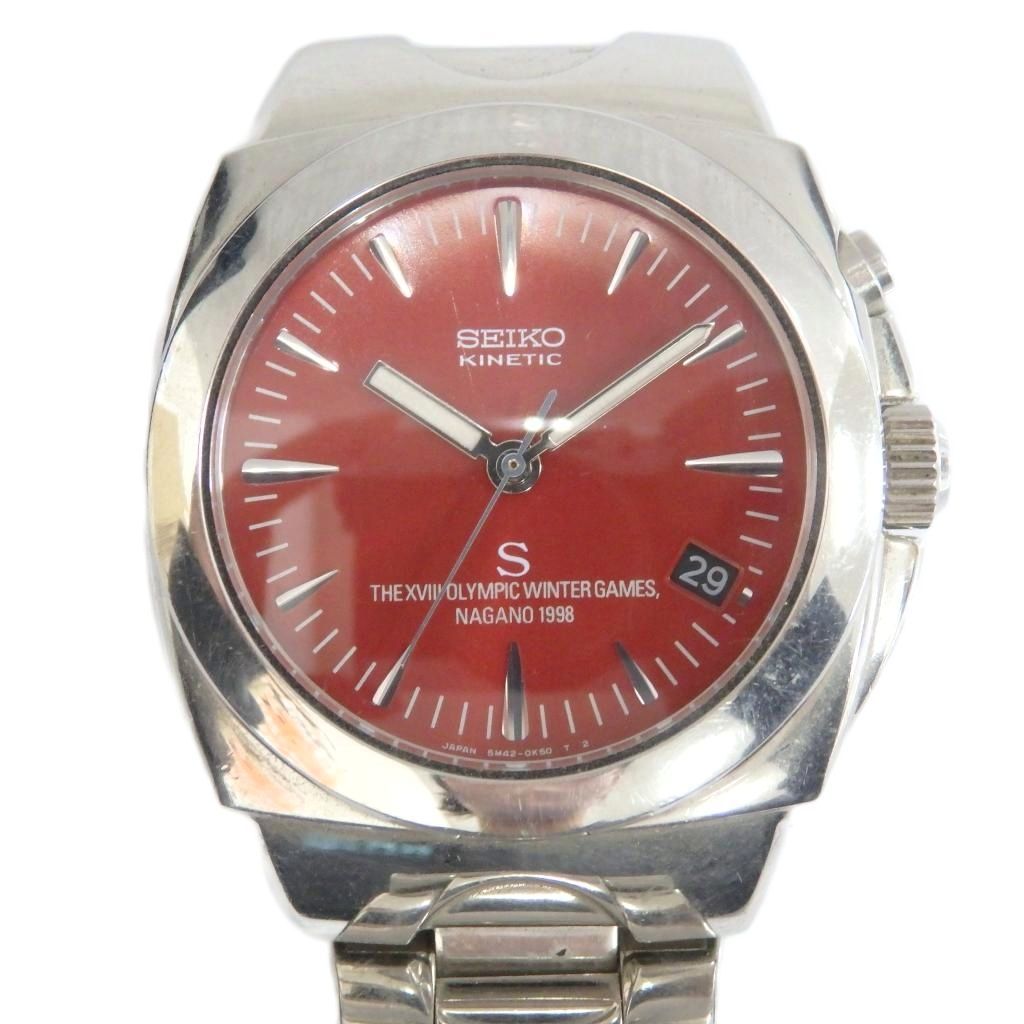 セイコー SEIKO 5M42-0F30 腕時計 ウォッチ 自動巻き カレンダー付き デイト 赤文字盤 シルバー色 GY18 |MQ